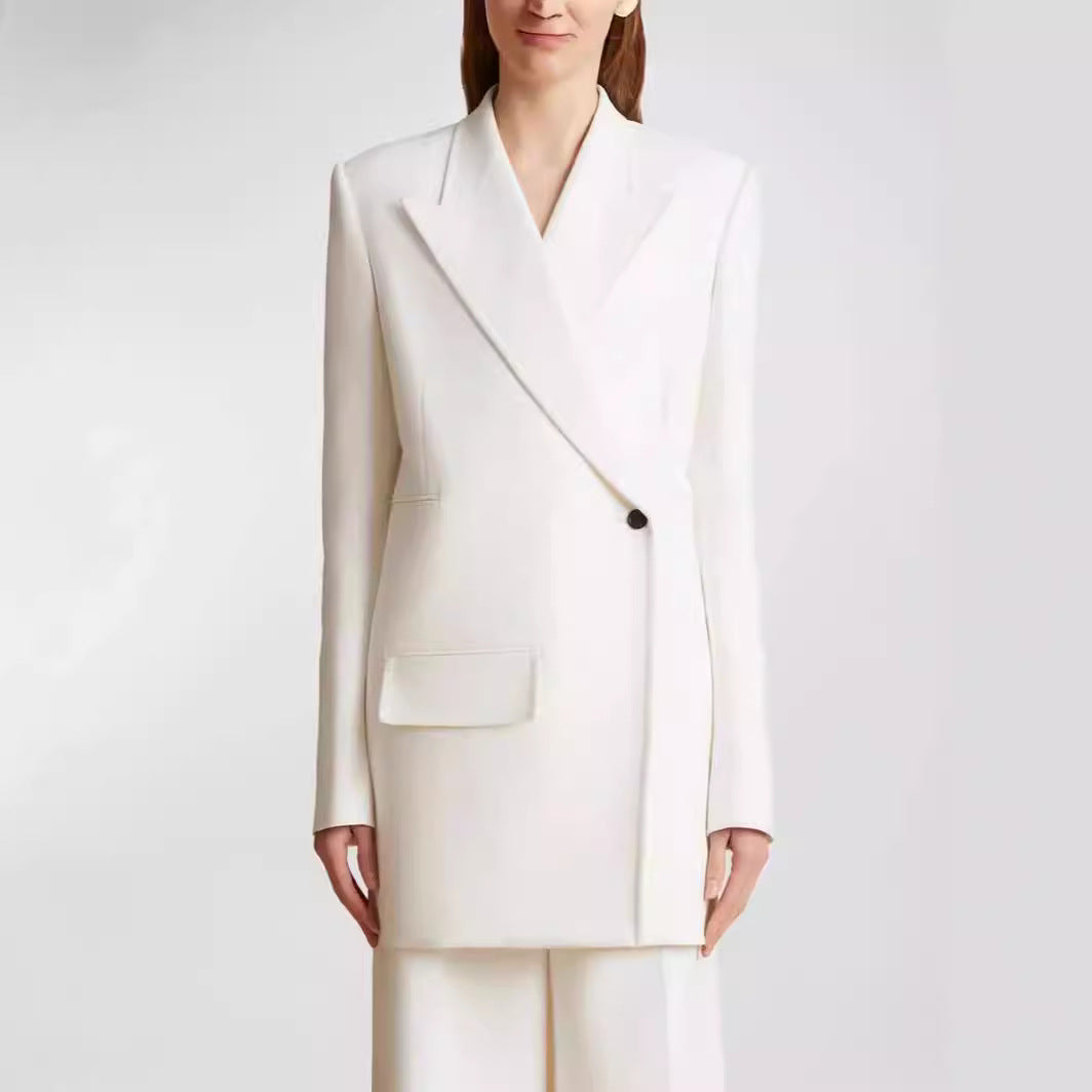 Damen Minimalistischer Longblazer mit asymmetrischer Ein‑Knopf‑Front und cleanem Longline‑Schnitt Drune