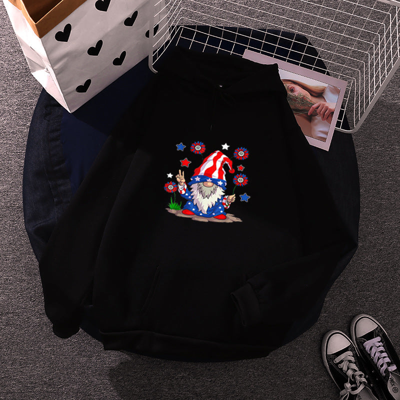 Damen nan Kapuzenpullover mit patriotischem Gartenzwerg-Print, angerautem Fleece-Innenfutter, Oversize-Schnitt und Kängurutasche Drune