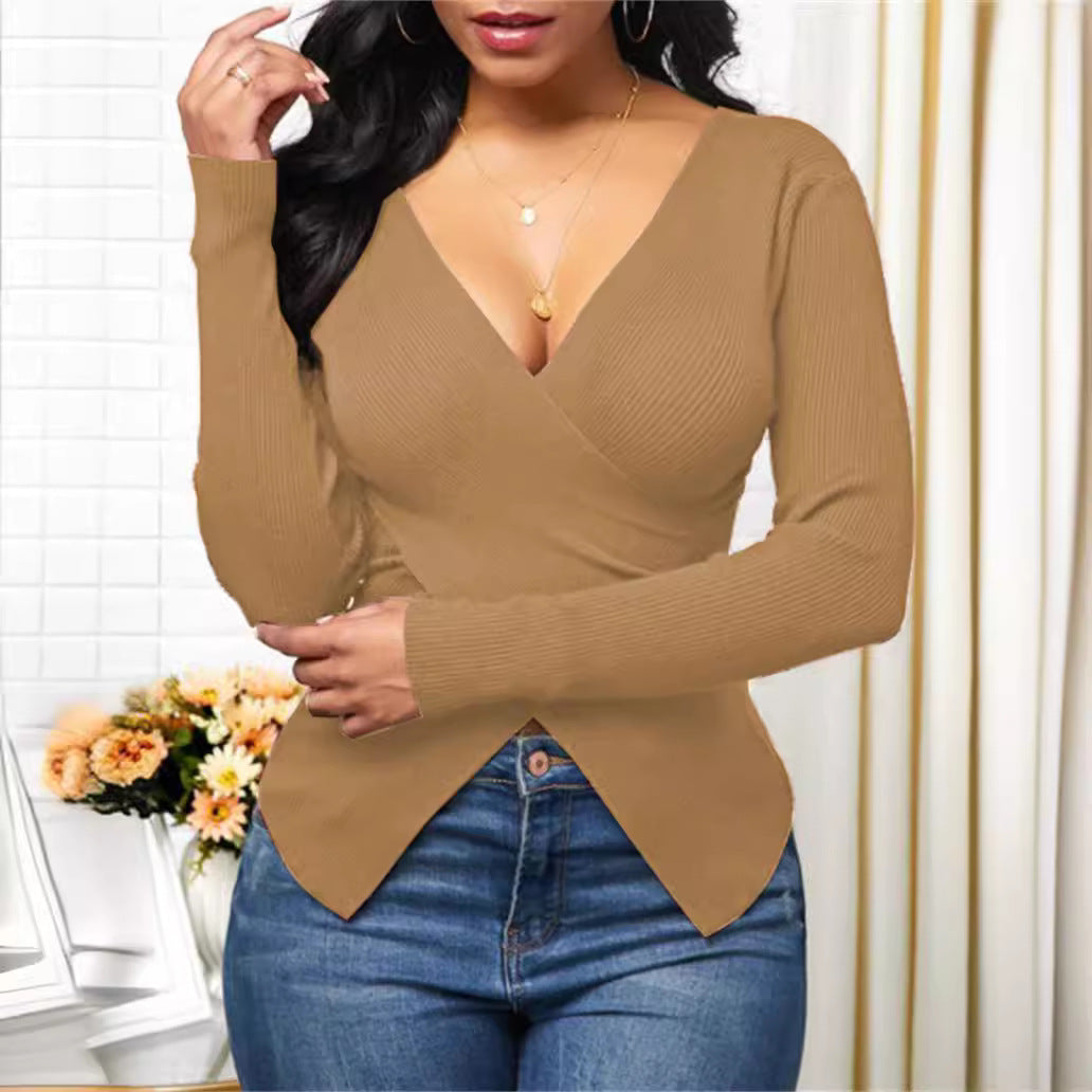Damen elegantes Wickeloberteil mit strukturiertem Rippstoff und tiefem V-Ausschnitt Drune