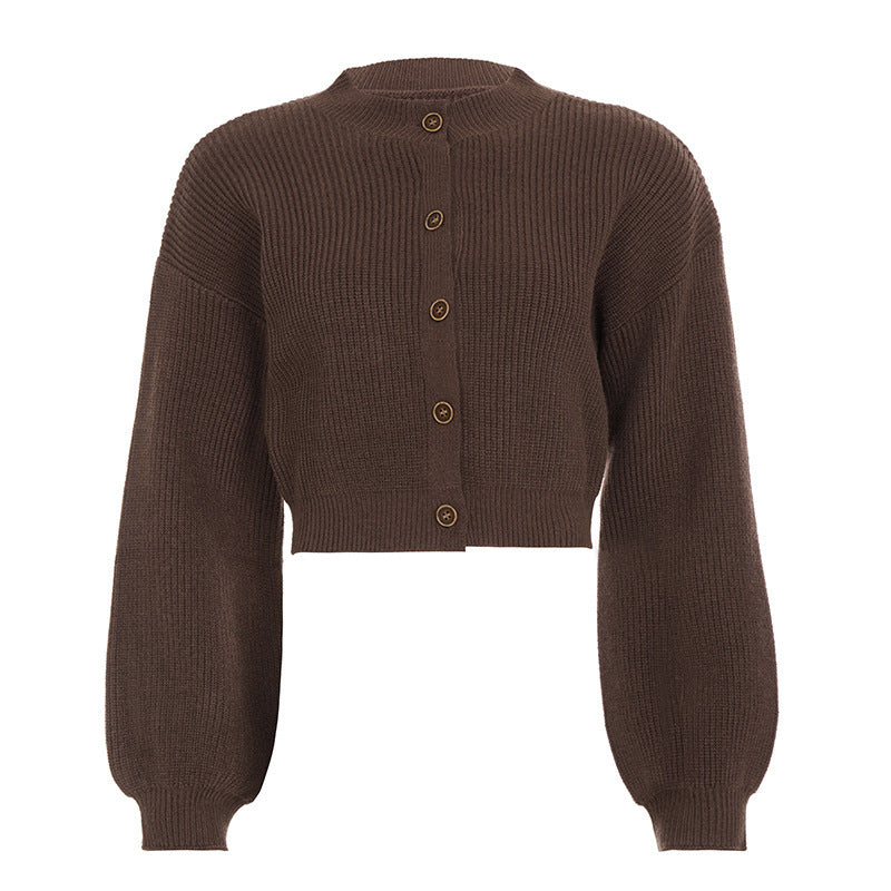Damen Kurzgeschnittene Rippstrick-Cardigan mit Ballonärmeln und Zierknopfleiste Drune