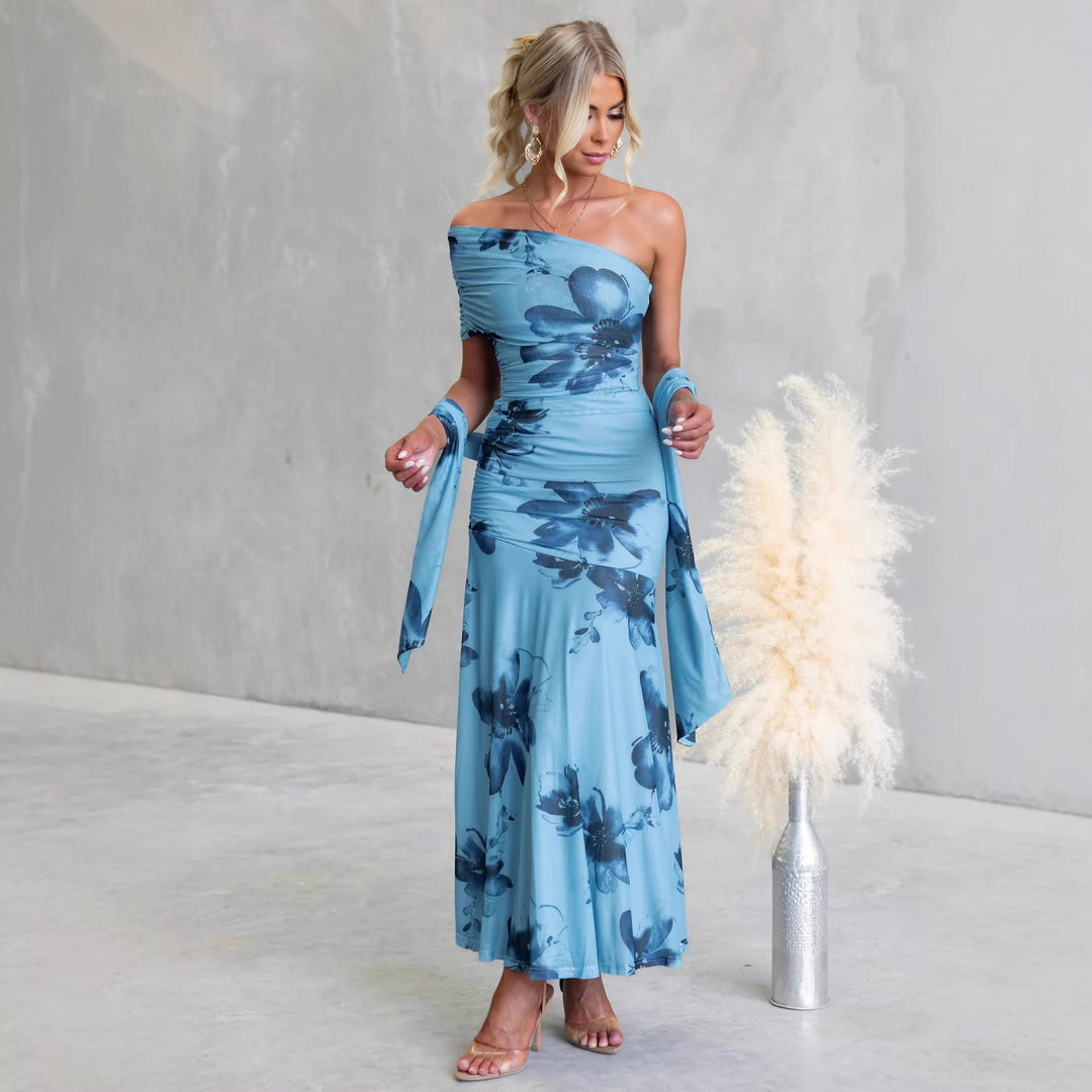 Damen Off-Shoulder Maxikleid mit floralen Akzenten und gerafftem Design Drune