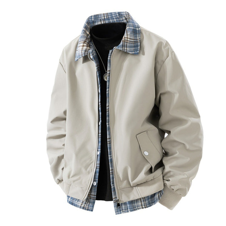 Herren windabweisende Overshirt-Jacke mit karierter Innenlage, Reißverschluss und Druckknopftaschen Drune
