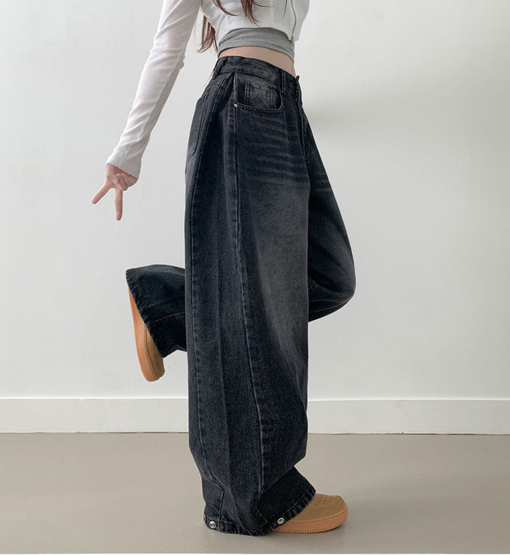 Damen Weite High-Waist Denim-Hose mit Faltenwurf Drune