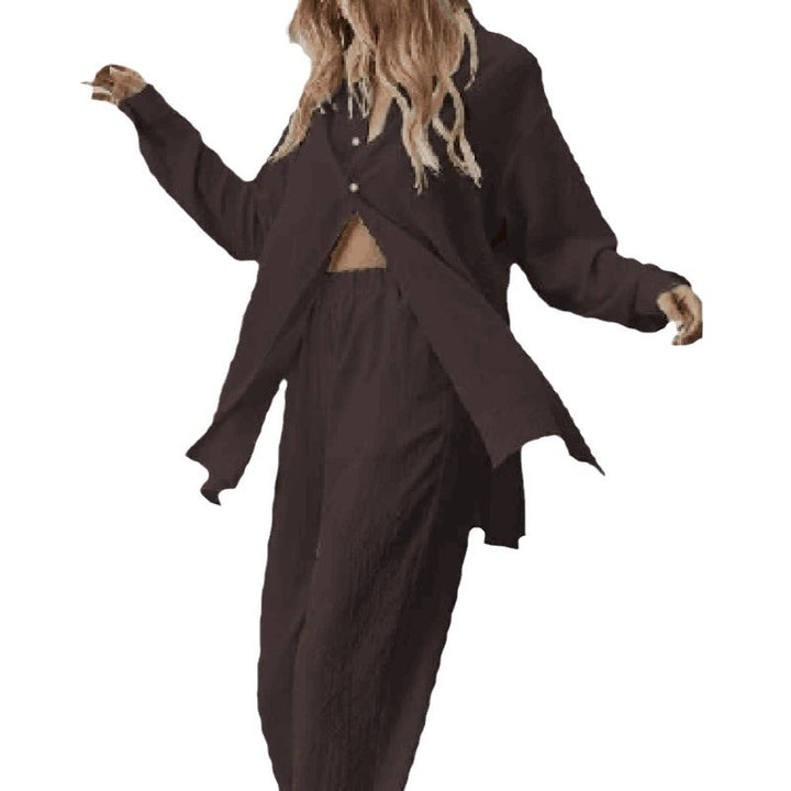Damen Satin Pyjama Set mit langärmliger Bluse und weiten Hosen Drune