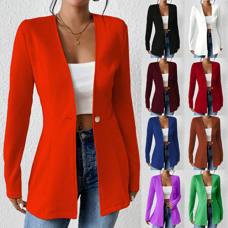Damen Taillierter kragenloser Longblazer mit Ein-Knopf-Verschluss Drune