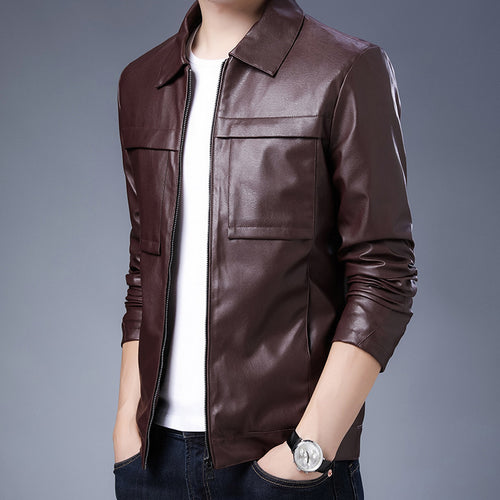 Herren minimalistisches Kunstleder-Zipblouson mit Hemdkragen und Pattentaschen Drune