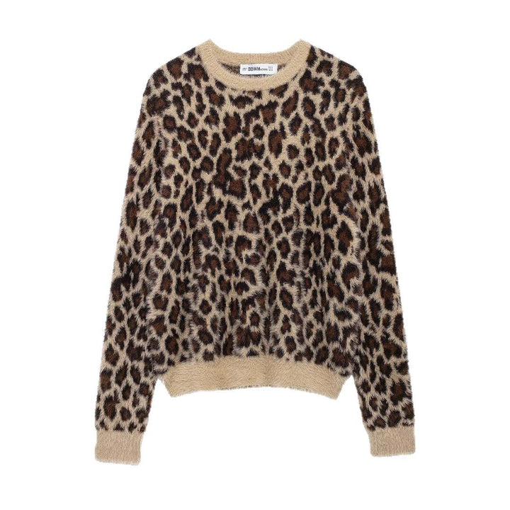 Damen Flauschiger Strickpullover mit Leopardenmuster und Rundhalsausschnitt Drune