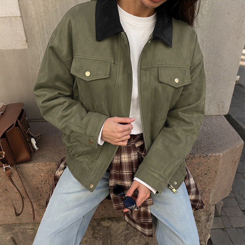 Damen Modische Velours-Lederjacke mit Cordkragen Drune