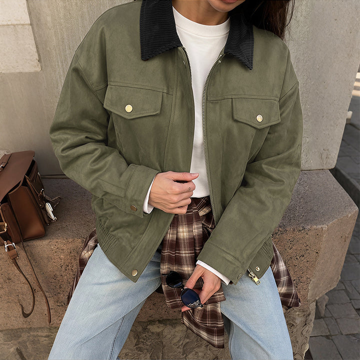 Damen Modische Velours-Lederjacke mit Cordkragen Drune