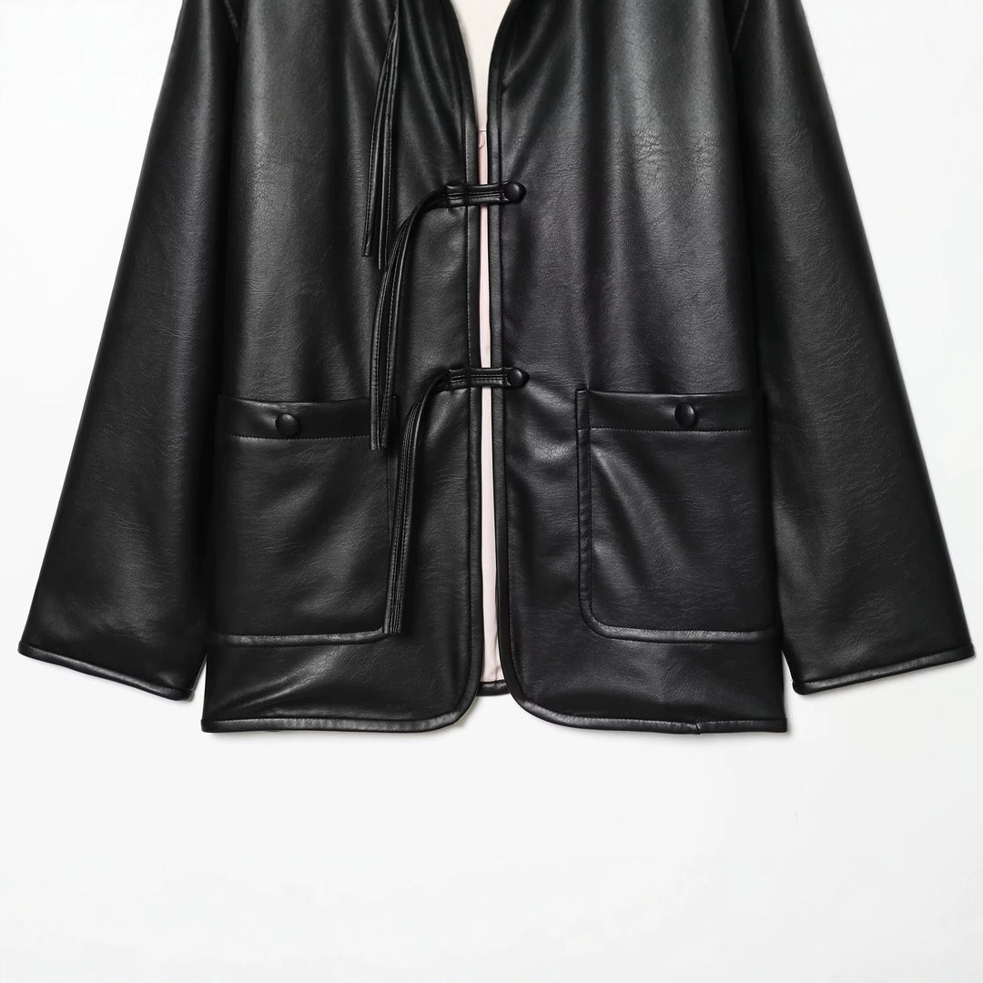Damen Oversize Kunstlederjacke mit Kordel-Knotenverschluss und aufgesetzten Taschen Drune