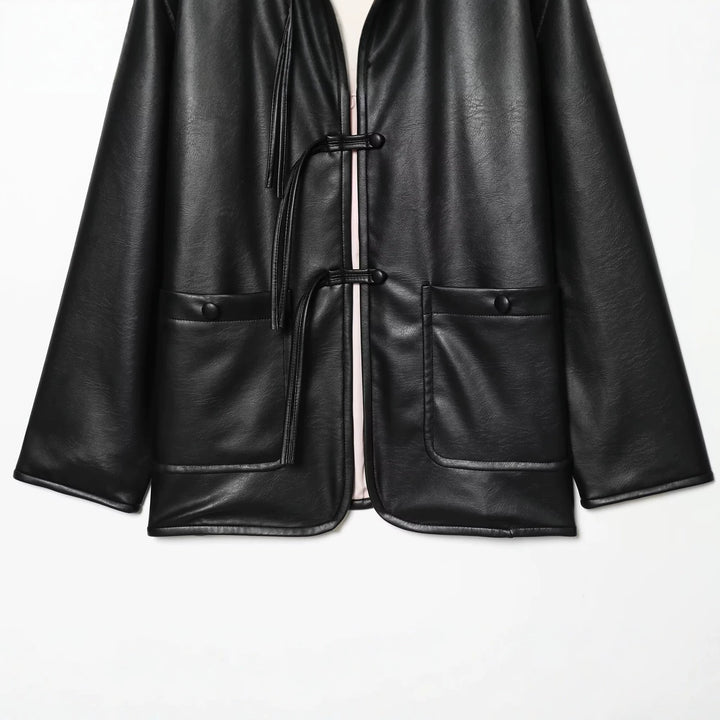 Damen Oversize Kunstlederjacke mit Kordel-Knotenverschluss und aufgesetzten Taschen Drune