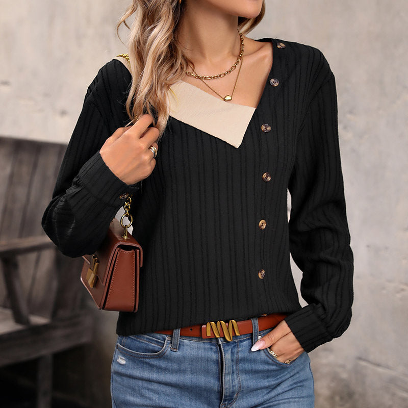Damen Rippstrick-Top mit asymmetrischer Knopfleiste und kontrastierendem V‑Einsatz Drune