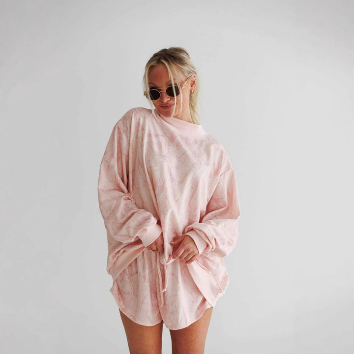 Damen lässiger Sweatshirt- und Shorts-Anzug mit hohem Stehkragen und elastischen Details Drune