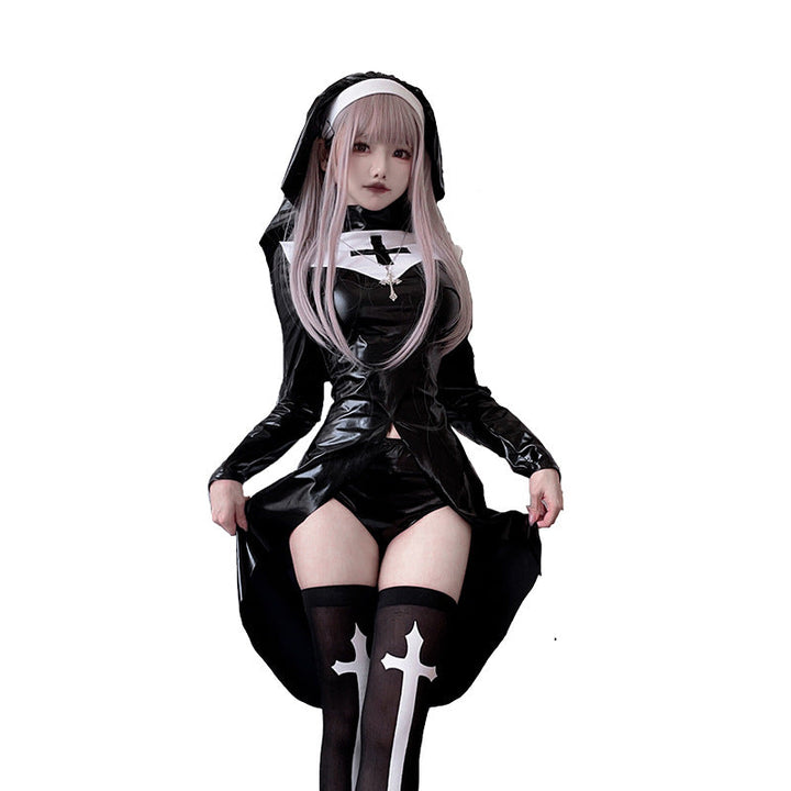 Damen Gothic Nonnenkostüm mit ausdrucksstarkem Design und transparentem Überrock Drune