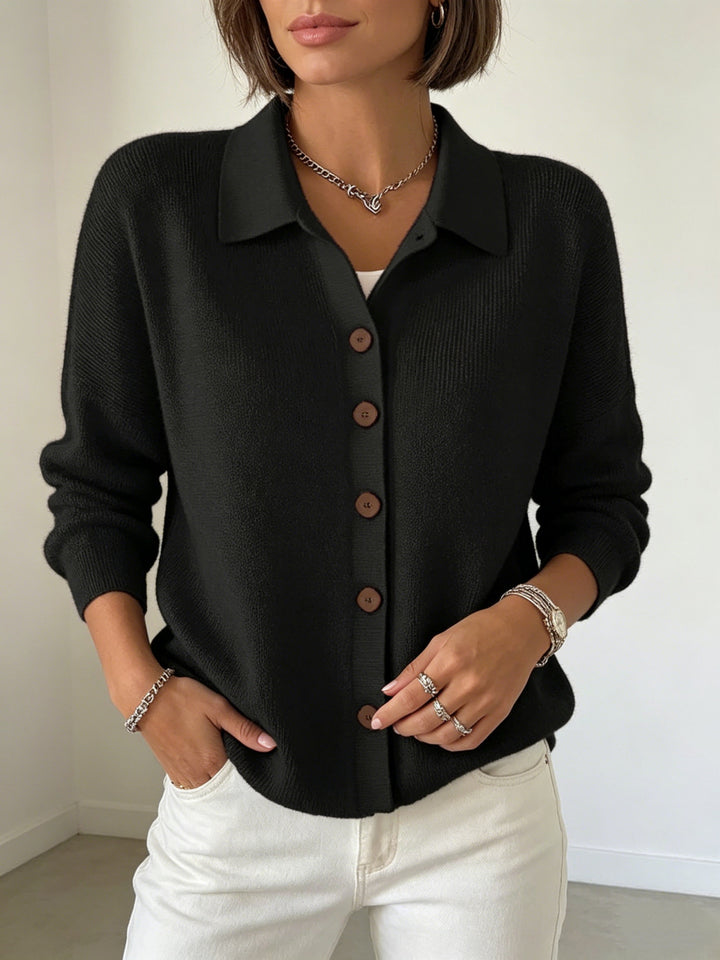Damen Feinstrick-Cardigan mit Hemdkragen, entspannter Silhouette und Holzknöpfen Drune