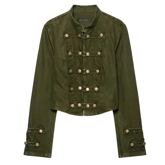 Damen Taillierte Cropped‑Militärjacke mit Zierknopfleiste und Stehkragen Drune