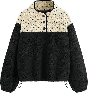 Damen Teddy-Fleece-Pullover mit Stehkragen, Druckknopfverschluss und Kordelzug Drune
