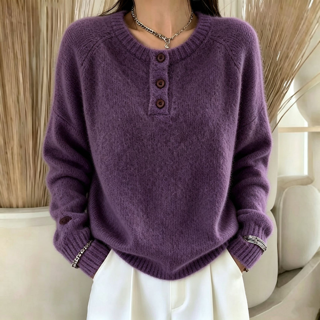 Damen Kuscheliger Rundhals-Henley-Pullover mit Knopfleiste und Raglanärmeln Drune