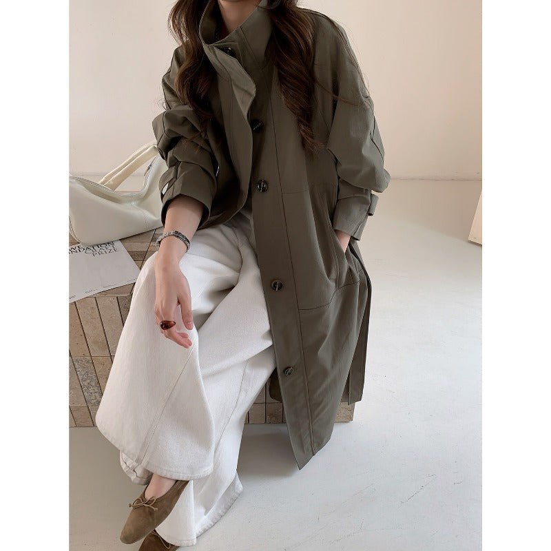 Damen Leichter Oversize-Trenchcoat mit Stehkragen und großen Eingrifftaschen Drune