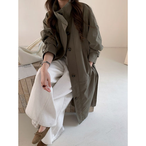 Damen Leichter Oversize-Trenchcoat mit Stehkragen und großen Eingrifftaschen Drune