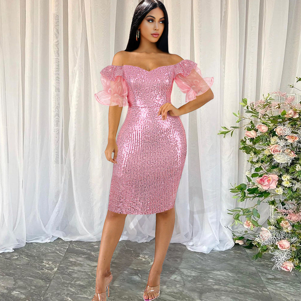 Damen Glitzerndes Cocktailkleid mit schulterfreiem Design und voluminösen Puffärmeln Drune