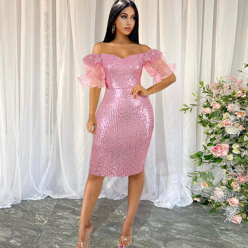 Damen glamouröses Abendkleid mit Glitzer und transparenten Puffärmeln Drune