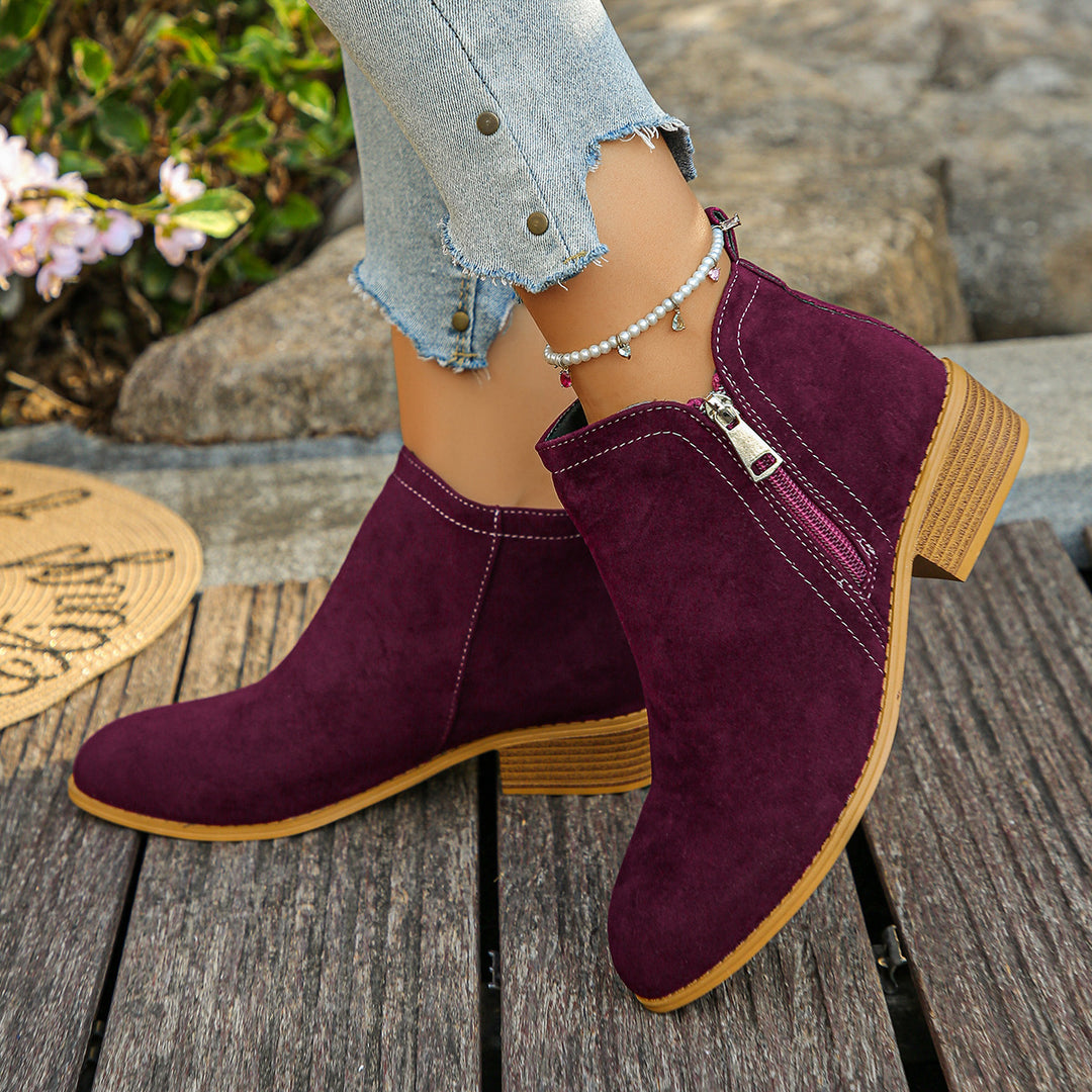 Damen elegante Ankle-Boots aus Velourslederimitat mit seitlichem Reißverschluss und niedrigem Blockabsatz Drune