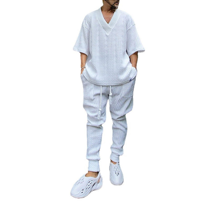 Herren Grobgestricktes Lounge-Set mit tiefem V‑Ausschnitt und Kordelzug-Jogger Drune