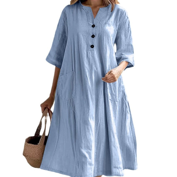 Damen nan locker fallendes A-Linien Kleid mit V-Ausschnitt-Knopfleiste, 3/4-Ärmeln und aufgesetzten Eingrifftaschen Drune