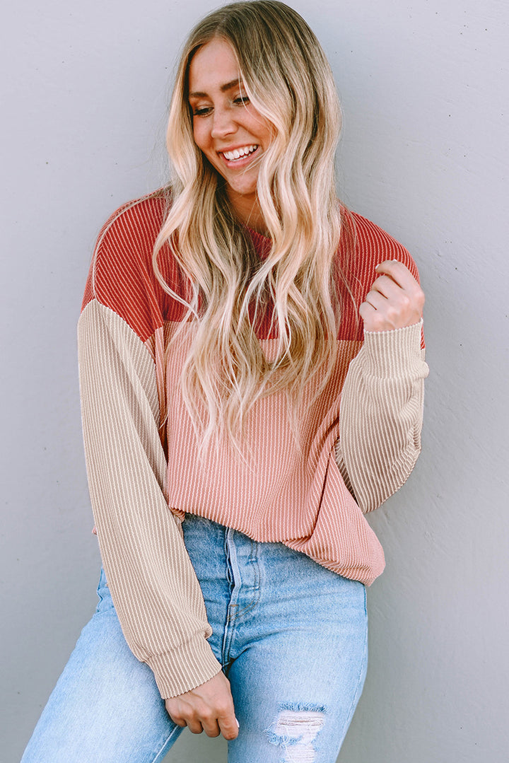 Damen lässiger Pullover mit Rippstruktur und Farbblöcken Drune