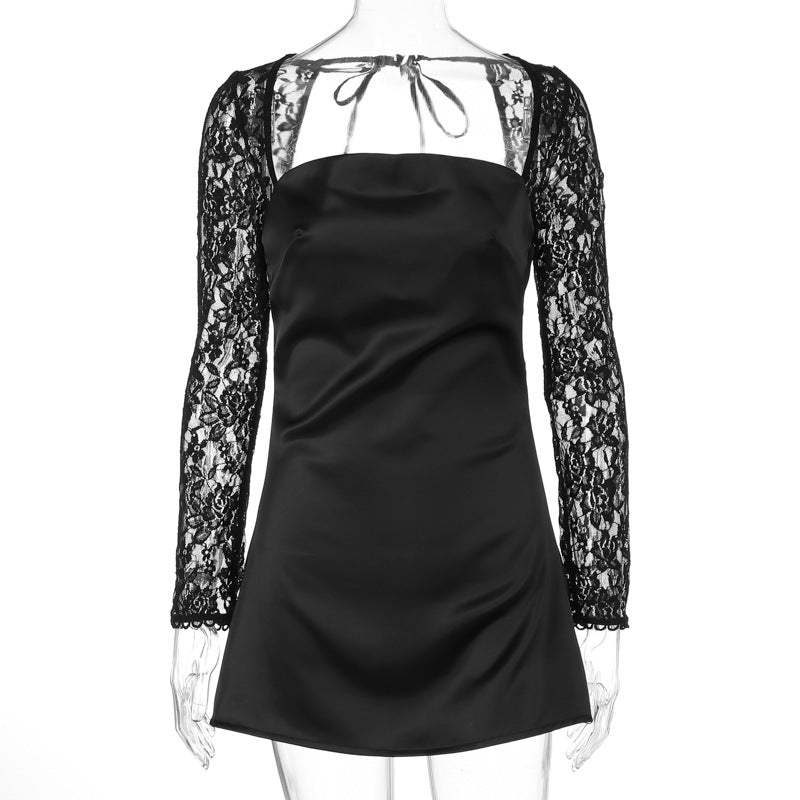 Damen elegantes Kleid mit luxuriösen Spitzenärmel und schickem Rückenverschluss Drune