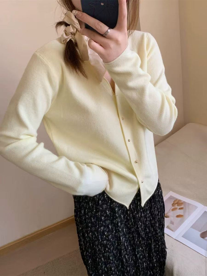 Damen modische Strickjacke mit vornem Knopfverschluss und V-Ausschnitt Drune