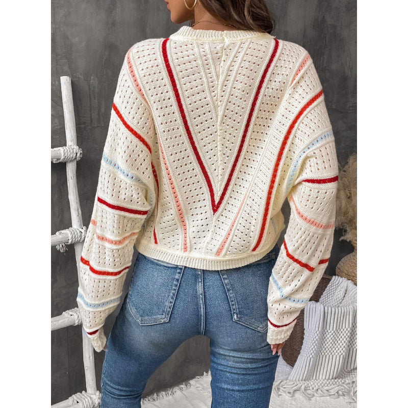 Damen Strickpullover mit großzügiger Lochmusterstruktur und farbigen Akzenten Drune