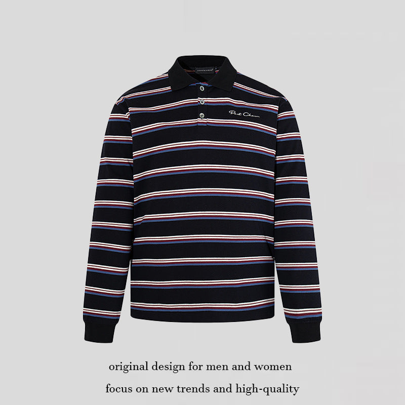 Herren Langarm-Poloshirt mit Retro-Streifen, Rippbündchen und Knopfleiste Drune