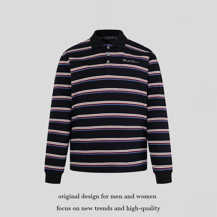Herren Langarm-Poloshirt mit Retro-Streifen, Rippbündchen und Knopfleiste Drune
