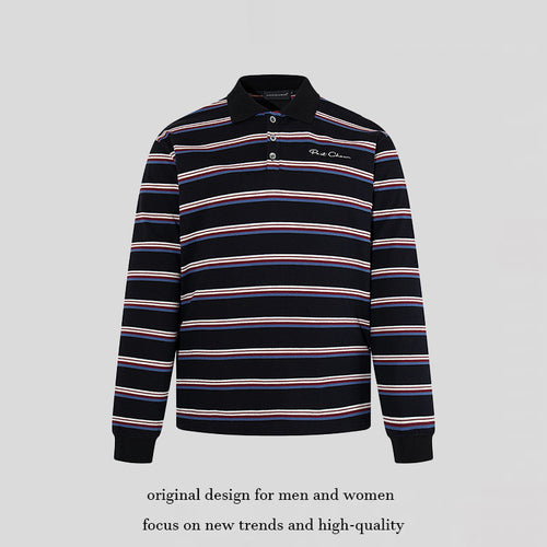 Herren Langarm-Poloshirt mit Retro-Streifen, Rippbündchen und Knopfleiste Drune