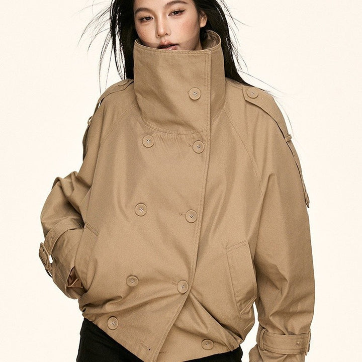 Damen Oversized Doppelreihige Trench-Bomberjacke mit hohem Stehkragen Drune