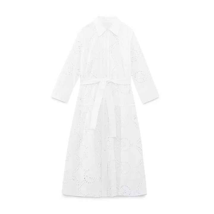 Damen nan langes Broderie-Anglaise Hemdblusenkleid mit Taillengürtel Drune