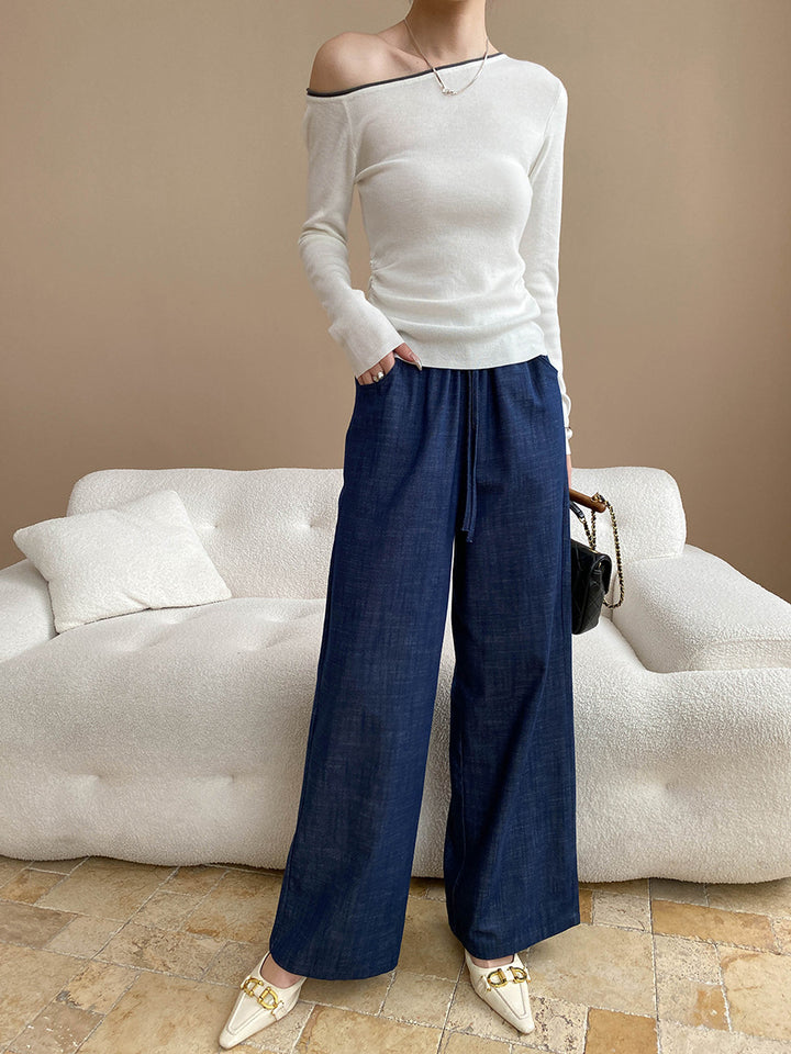 Damen elegantes Off-Shoulder-Oberteil mit feiner Rippstruktur und lässiger Passform Drune
