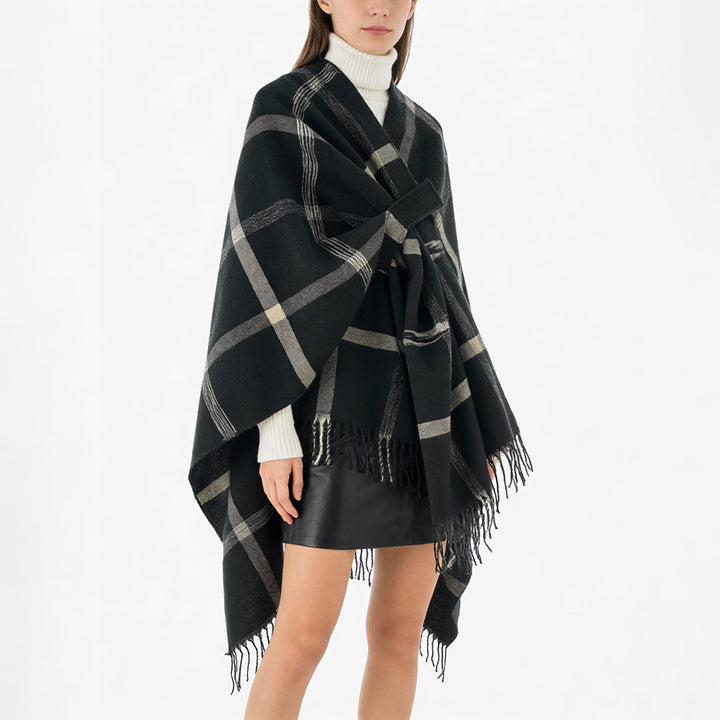 Damen Cape‑Poncho mit integriertem Bindegürtel, kastiger Oversize‑Silhouette und Fransensaum Drune