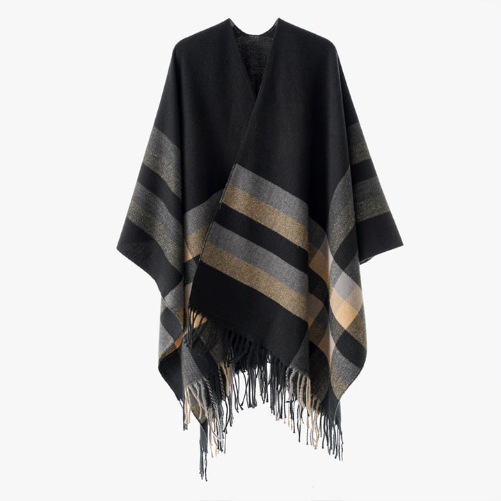Damen Wollmix-Capeponcho im Oversize-Kimono mit Karomuster und Fransensaum Drune