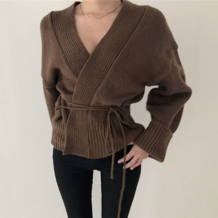 Damen Wickelstrickjacke mit binde Gürtel und hochgezogenem Kragen Drune