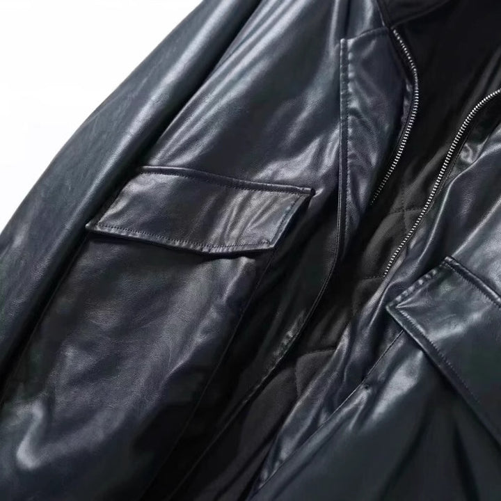 Herren nan oversize Kunstleder‑Fliegerjacke mit abnehmbarem Teddykragen, Zweiwege‑Reißverschluss und großen Pattentaschen Drune