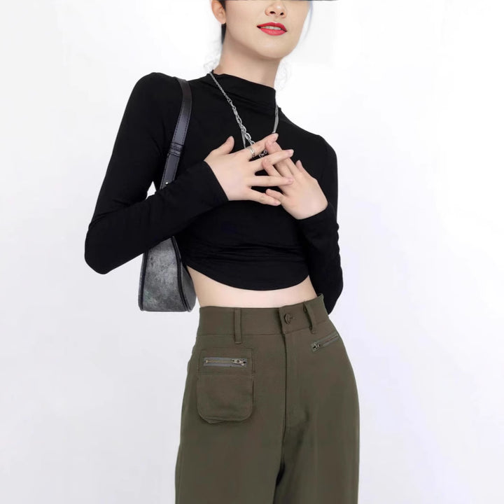 Damen Figurnahes Langarm-Cropped-Top mit Stehkragen, seitlicher Raffung und verlängerten Ärmeln Drune