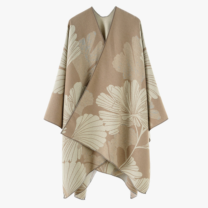 Damen Jacquard‑Capeponcho mit großflächigem Blatt‑Jacquard und offenem Wickelschnitt Drune
