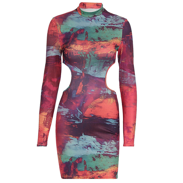 Damen figurbetontes Cut-Out Kleid mit hochgeschlossenem Kragen und luxuriösem Muster Drune