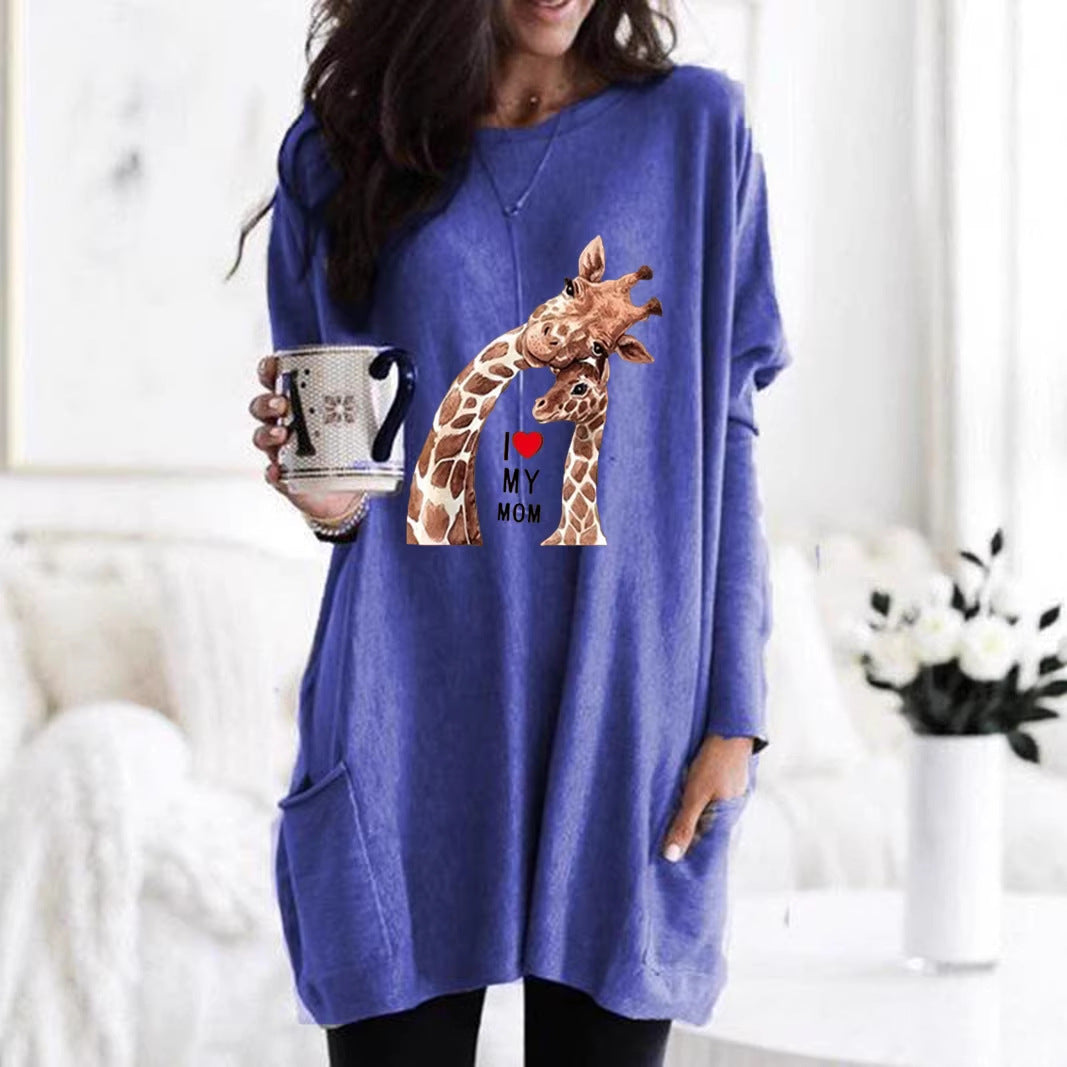 Frauen Übergroße Sweatkleid mit Giraffenmuster, Rundhalsausschnitt und Seitentaschen Drune