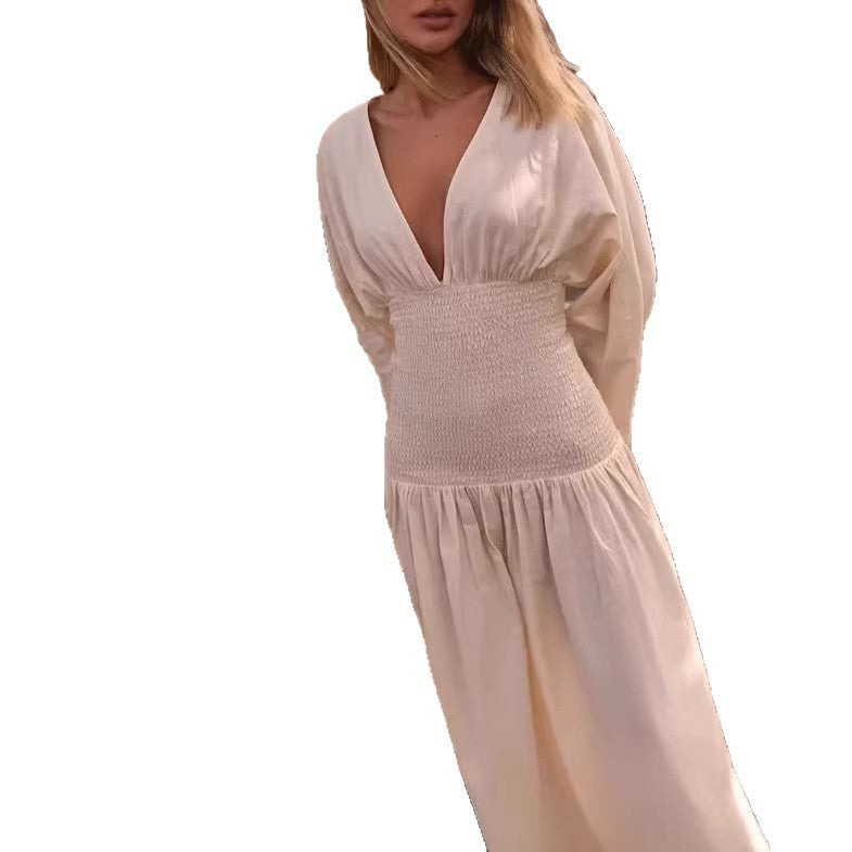 Damen Langes Boho-Maxi-Kleid mit Smock-Taillenband, tiefem V‑Ausschnitt und weiten Ballonärmeln Drune
