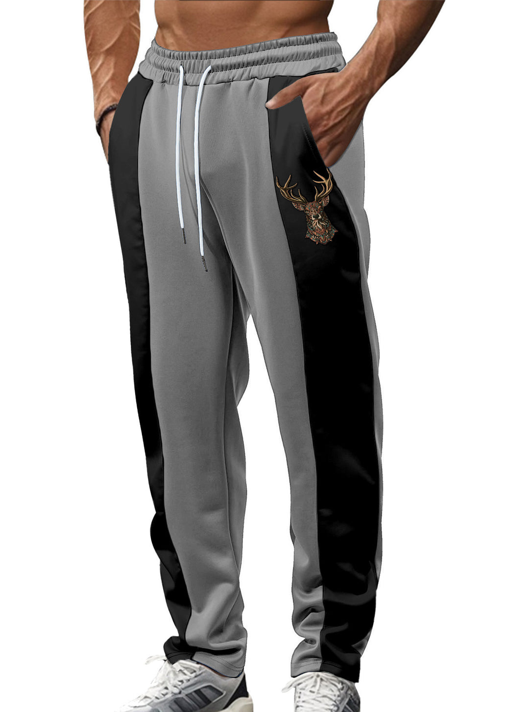 Herren nan sportive Trackpants mit seitlichen Kontrastbahnen elastischem Bund Kordelzug und Hirschstickerei Drune