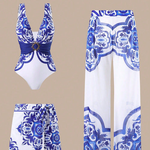 Damen Eleganter Badeanzug mit passendem Strandhosen-Set Drune